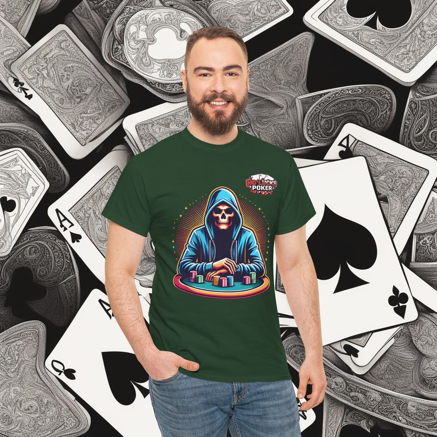 Poker Player with Skull at Poker Table 0 Lucks Given Unisex heavy cotton tee Poker Apparel