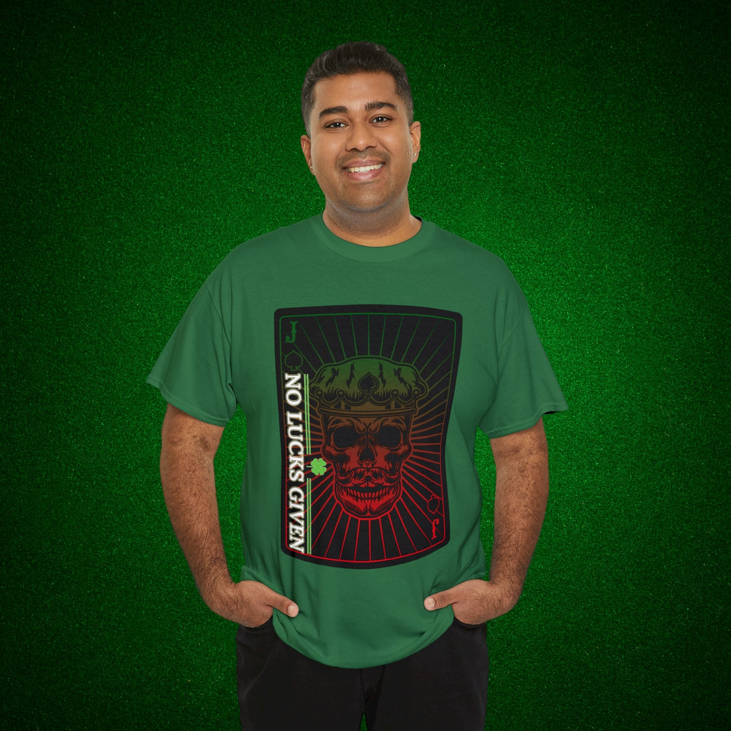 No Lucks Given Jack Skull in Crown of Spades Green Red Poker T-Shirt Must have Good Luck All-in
