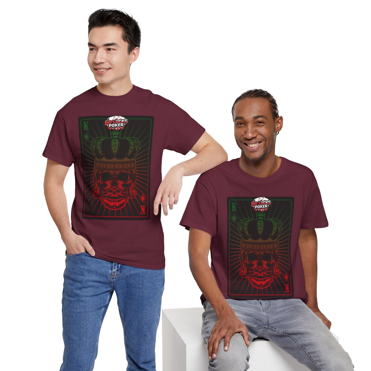 No Lucks Given Royal Skull King of Diamonds Red and Green Poker T-Shirt Must have Good Luck All-in