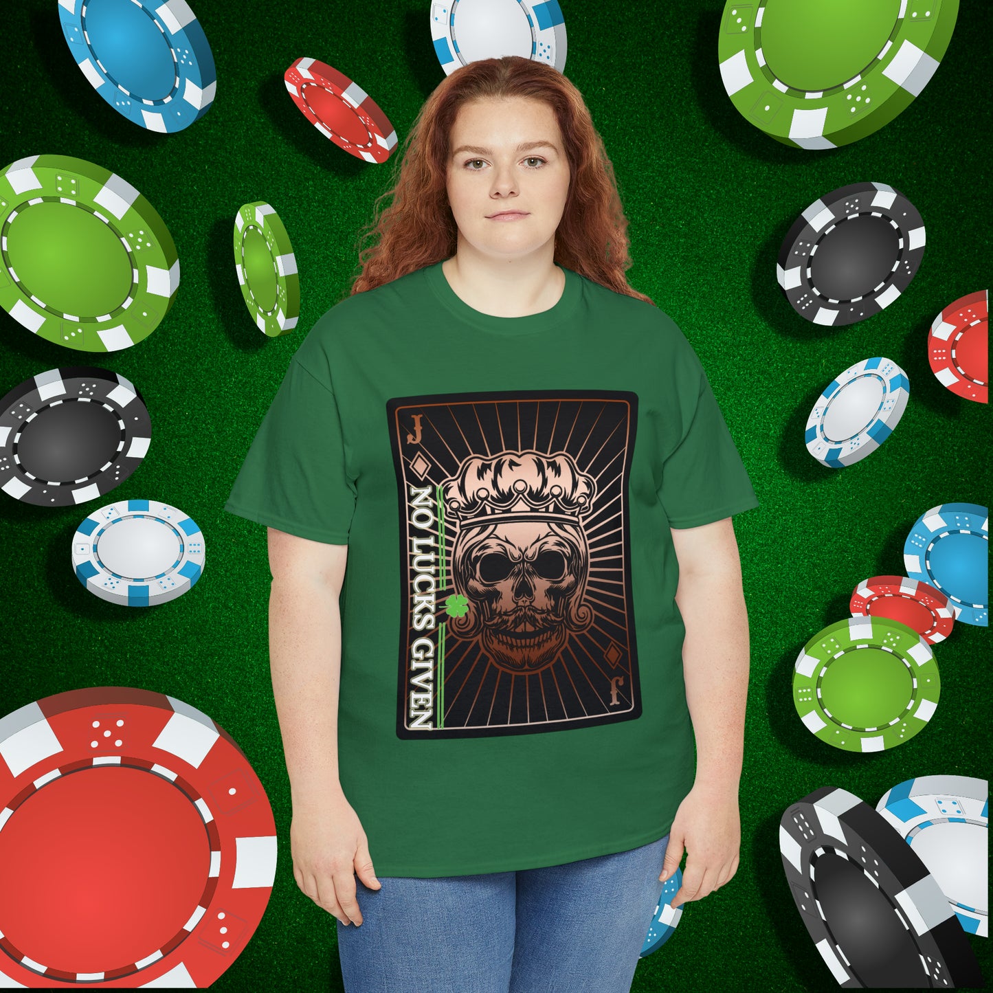 No Lucks Given Jack Skull in Crown of Diamonds Copper Poker T-Shirt Must have Good Luck All-in