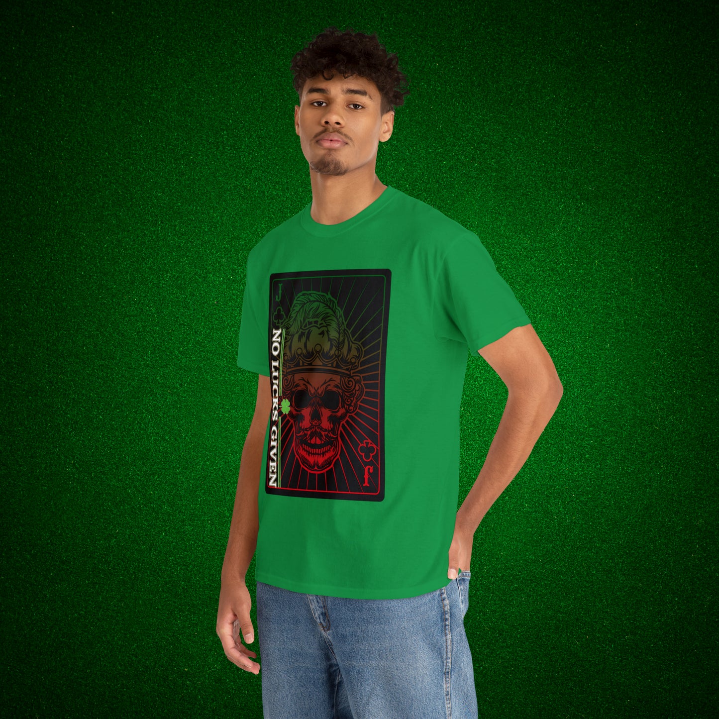 No Lucks Given Jack Skull in Crown of Clubs Green Red Poker T-Shirt Must have Good Luck All-in