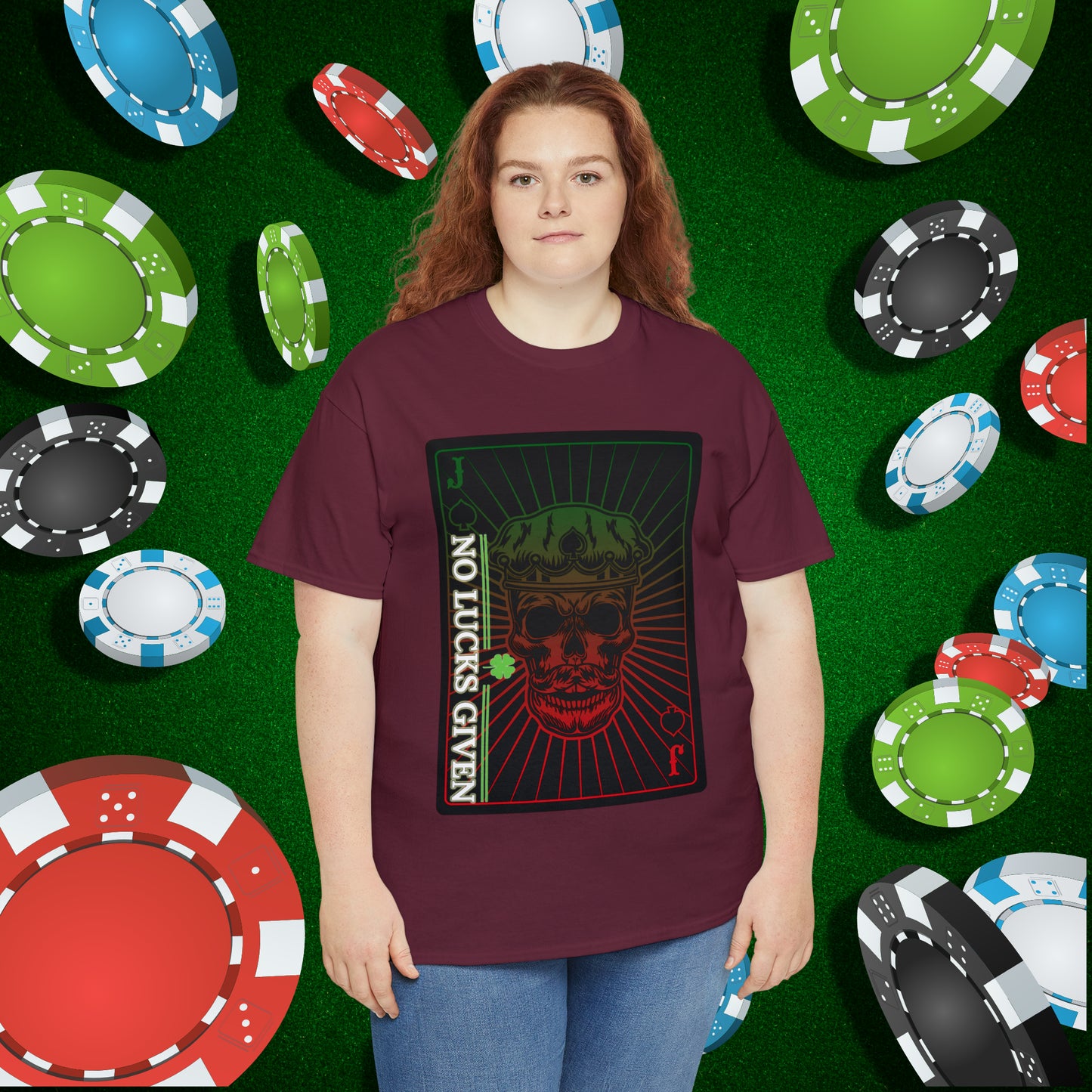 No Lucks Given Jack Skull in Crown of Spades Green Red Poker T-Shirt Must have Good Luck All-in