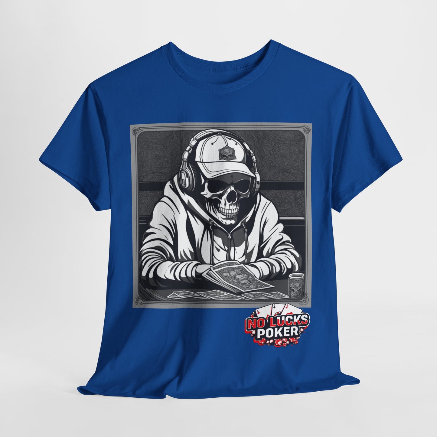Poker Skull in hoodie and headphones unisex heavy cotton T-shirt No Lucks Given