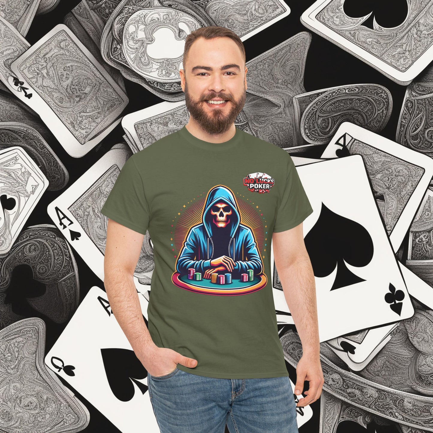 Poker Player with Skull at Poker Table 0 Lucks Given Unisex heavy cotton tee Poker Apparel