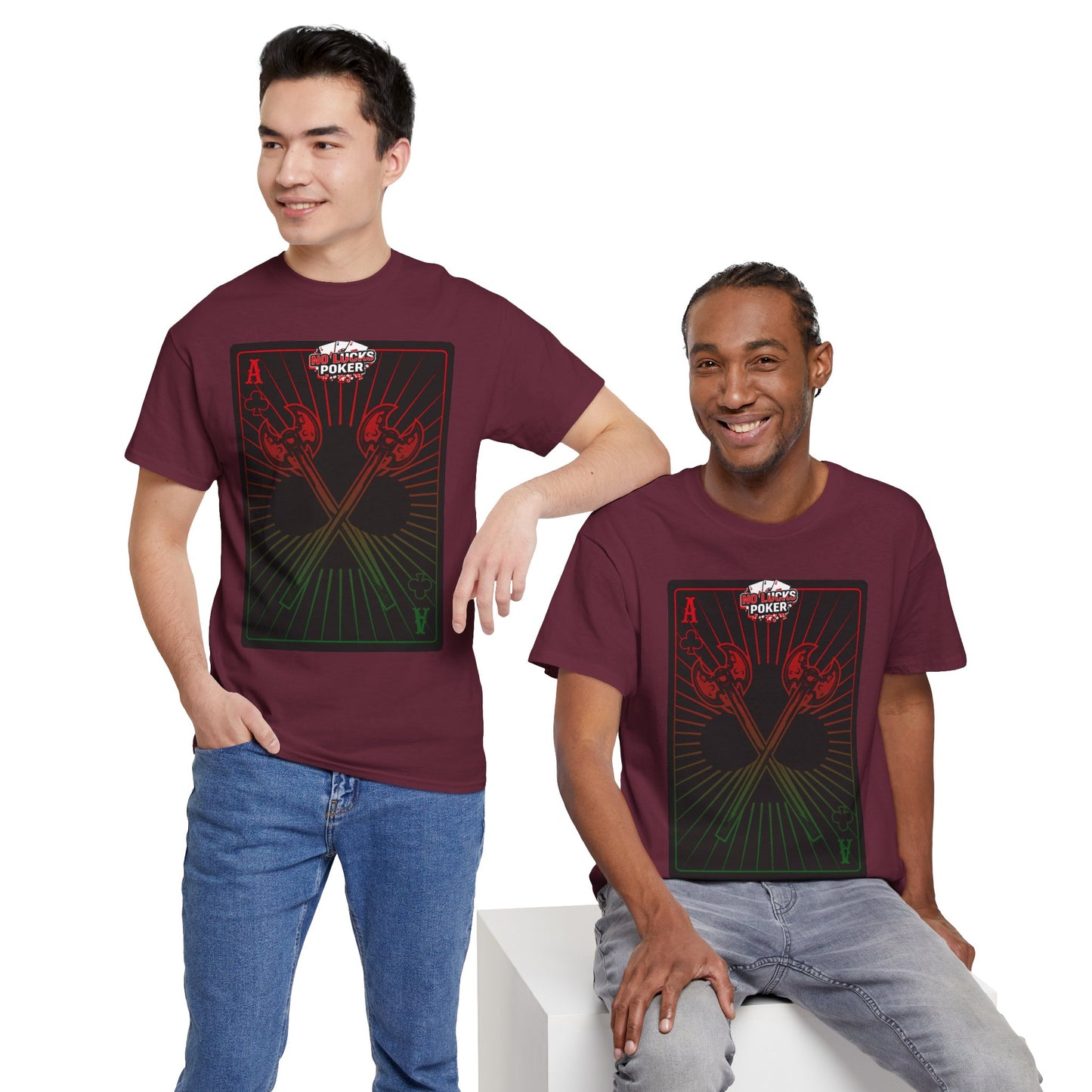 No Lucks Given Ace of Clubs card with two big axes Red Green Poker T-Shirt Must have Good Luck All-in