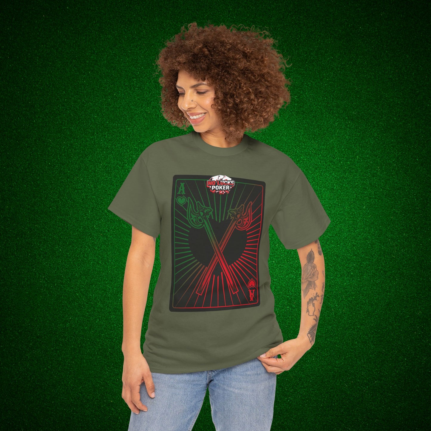 No Lucks Given Ace of Hearts card with two big axes Green Red Poker T-Shirt Must have Good Luck All-in