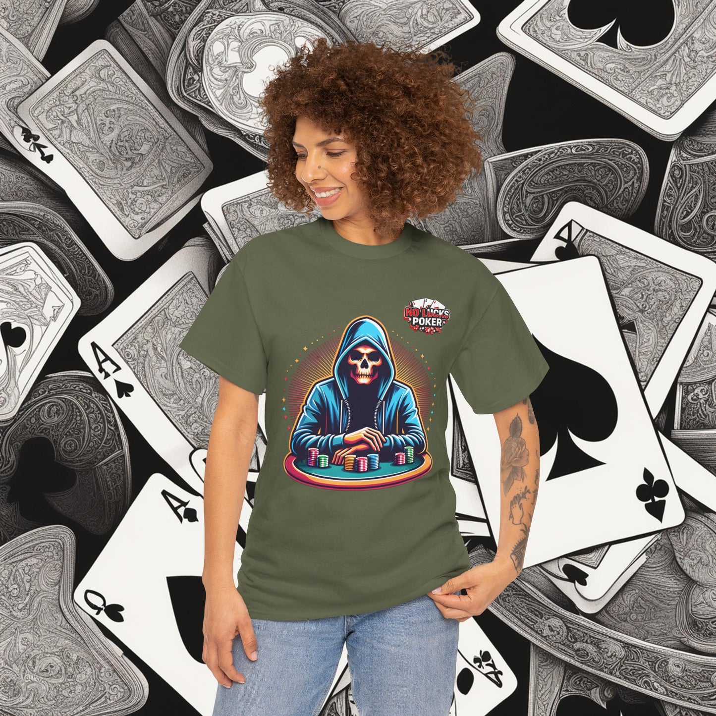 Poker Player with Skull at Poker Table 0 Lucks Given Unisex heavy cotton tee Poker Apparel
