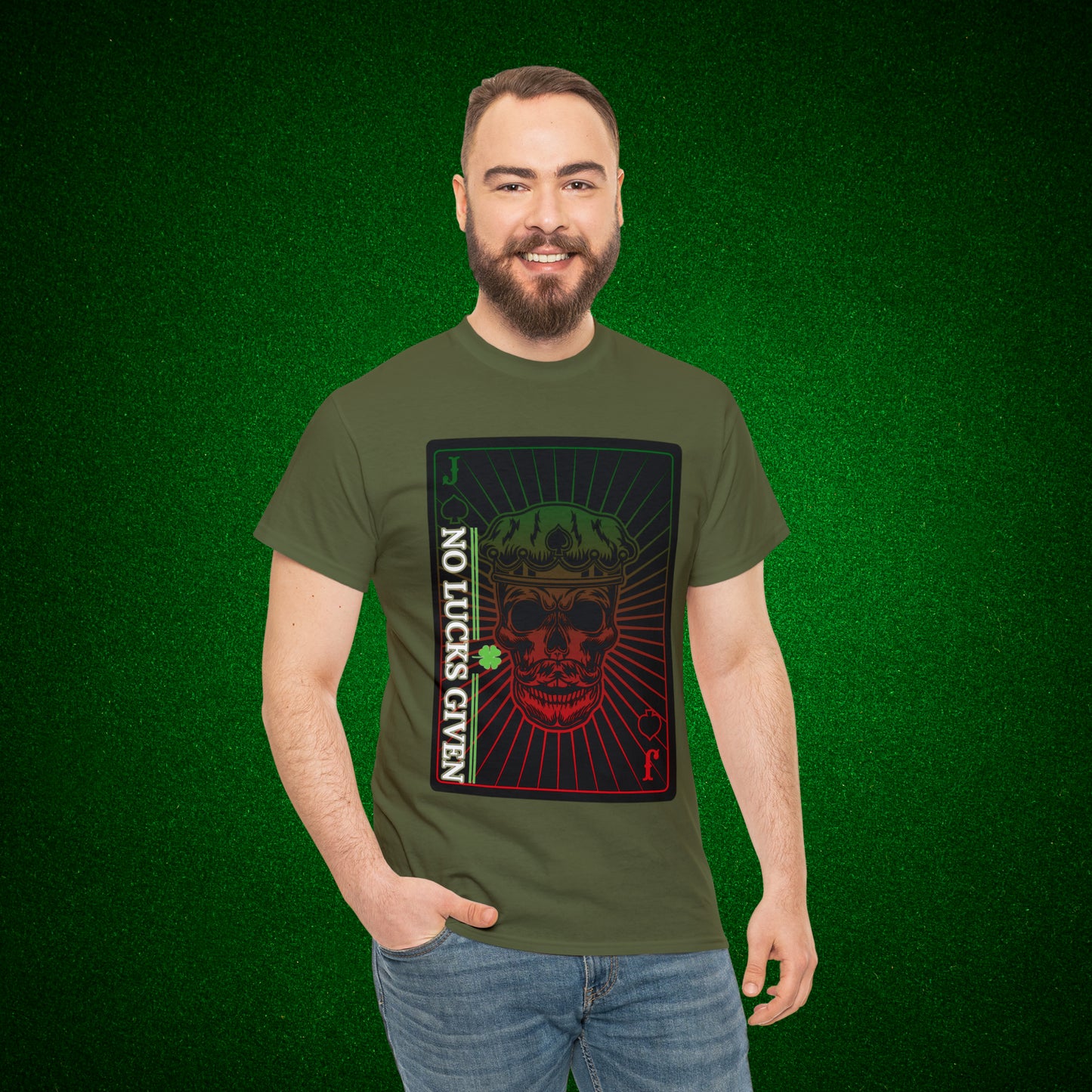 No Lucks Given Jack Skull in Crown of Spades Green Red Poker T-Shirt Must have Good Luck All-in