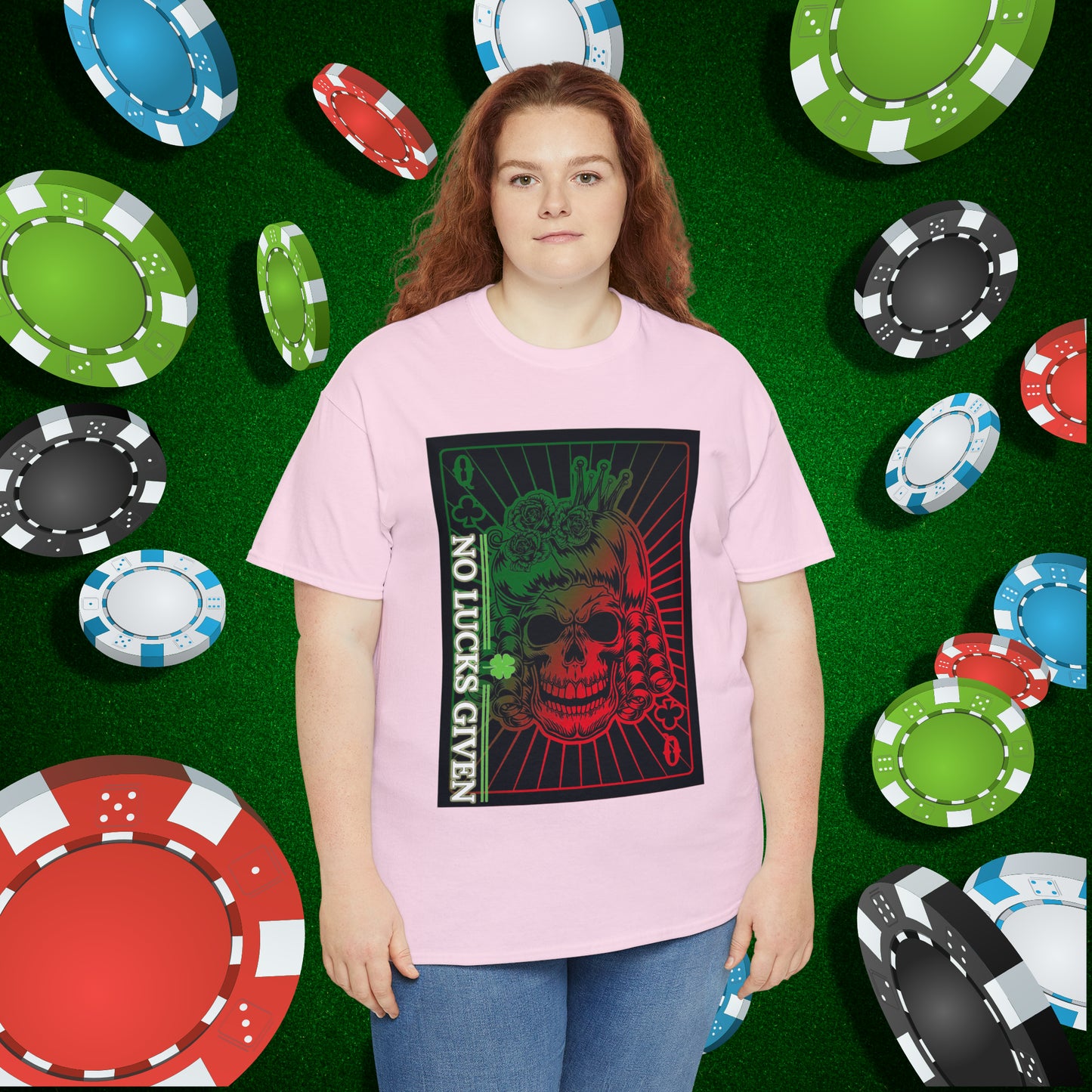No Lucks Given Angry Queen of Clubs Green Red Poker T-Shirt Must have Good Luck All-in