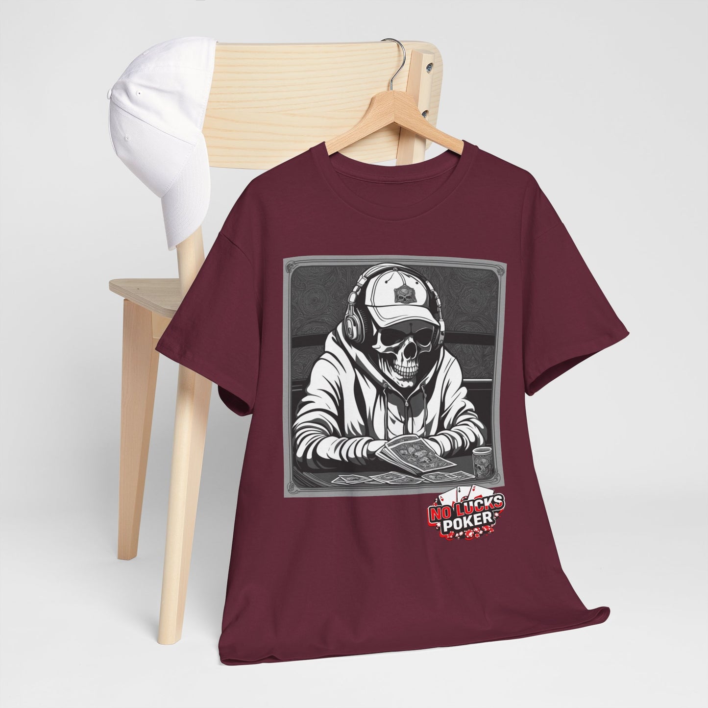Poker Skull in hoodie and headphones unisex heavy cotton T-shirt No Lucks Given