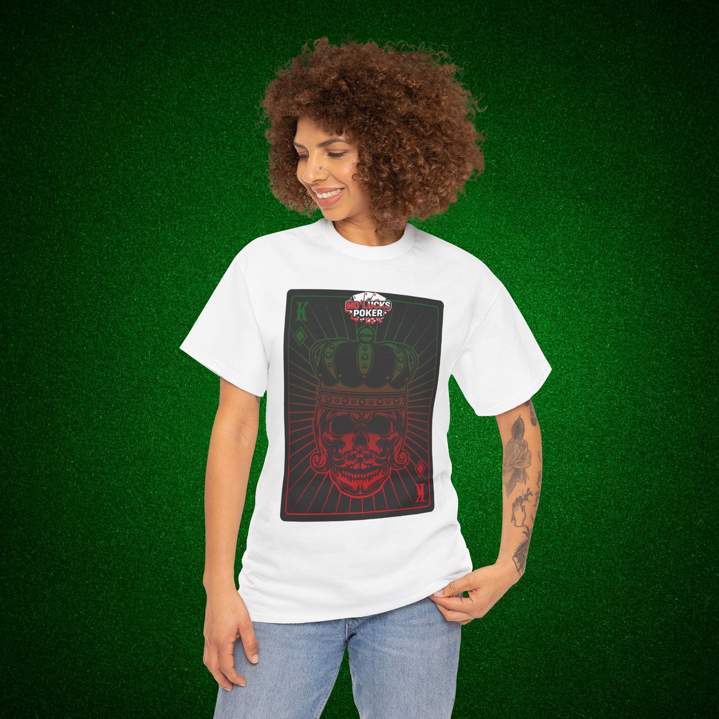 No Lucks Given Royal Skull King of Diamonds Red and Green Poker T-Shirt Must have Good Luck All-in