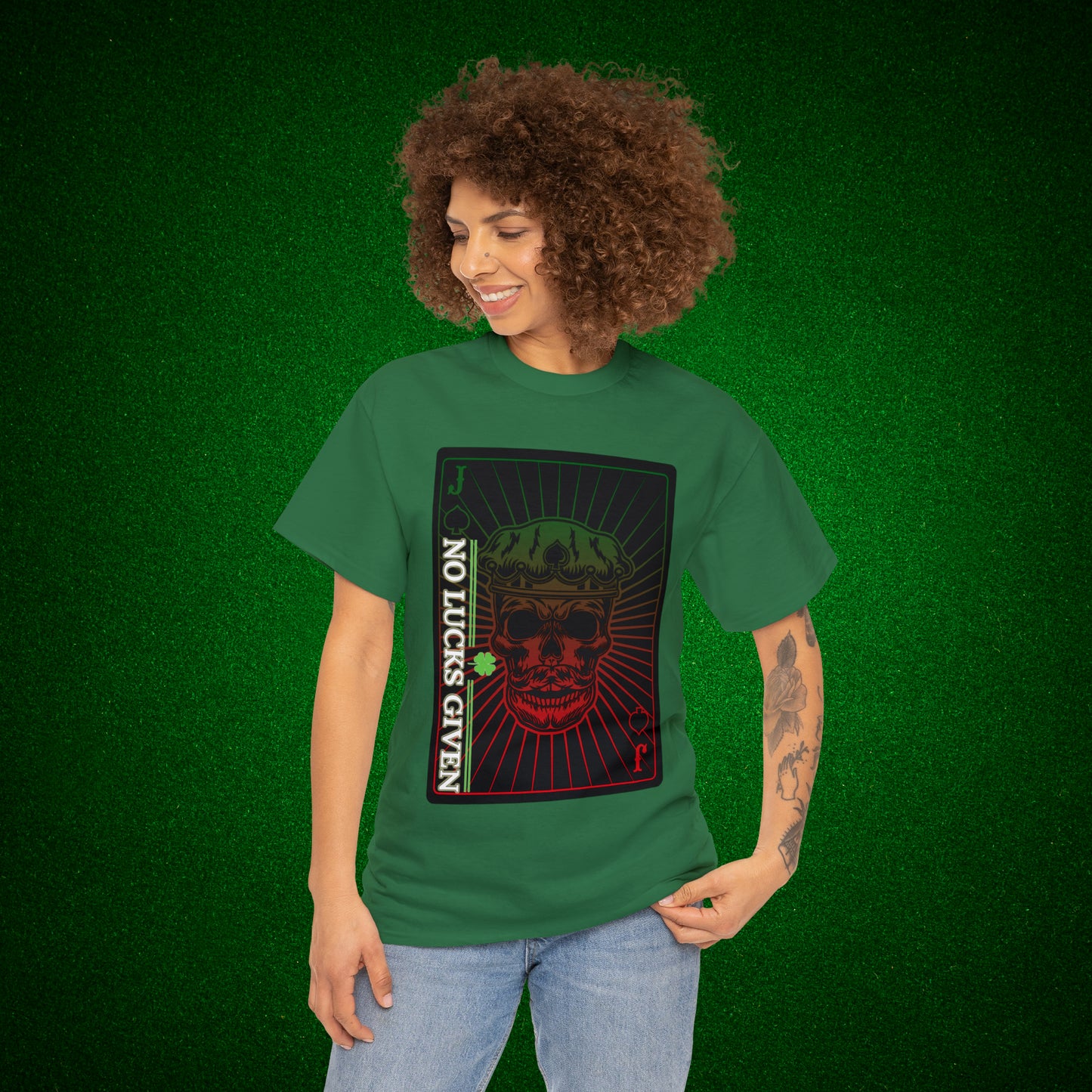 No Lucks Given Jack Skull in Crown of Spades Green Red Poker T-Shirt Must have Good Luck All-in