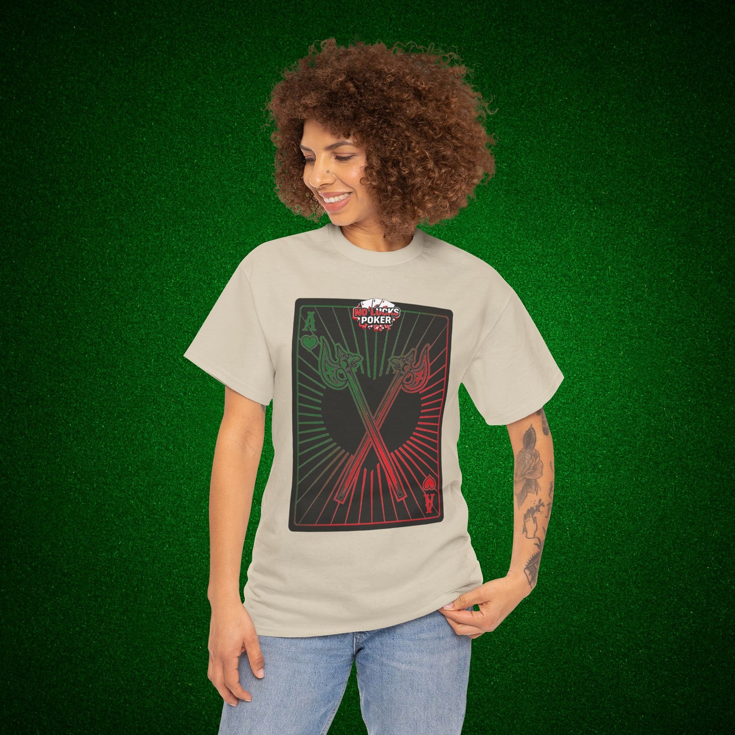 No Lucks Given Ace of Hearts card with two big axes Green Red Poker T-Shirt Must have Good Luck All-in
