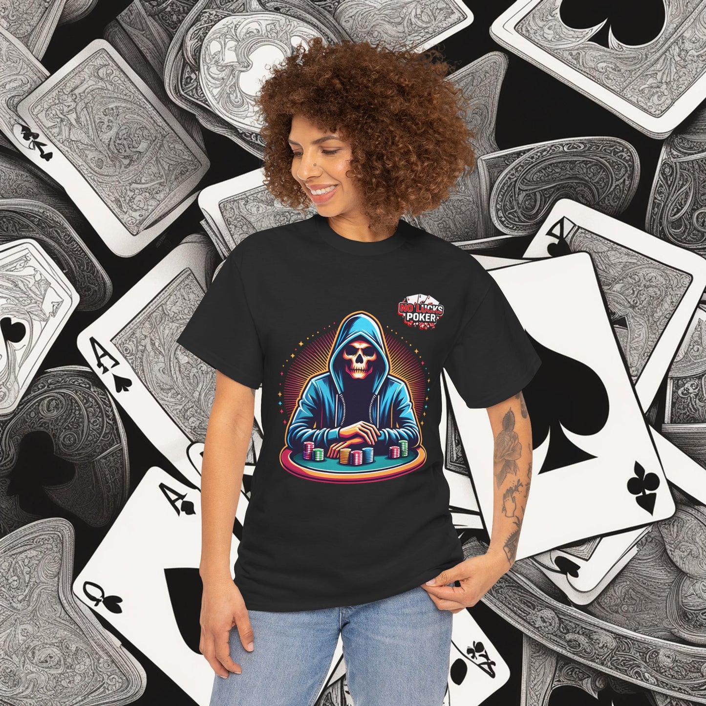 Poker Player with Skull at Poker Table 0 Lucks Given Unisex heavy cotton tee Poker Apparel