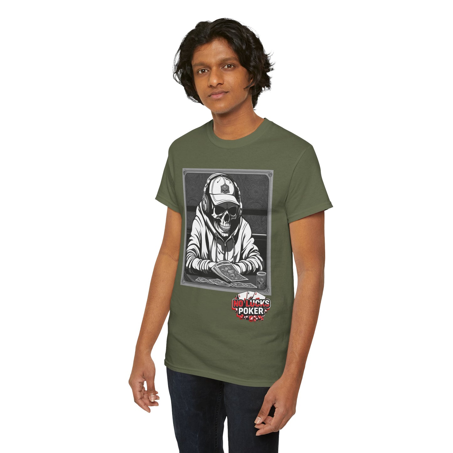 Poker Skull in hoodie and headphones unisex heavy cotton T-shirt No Lucks Given