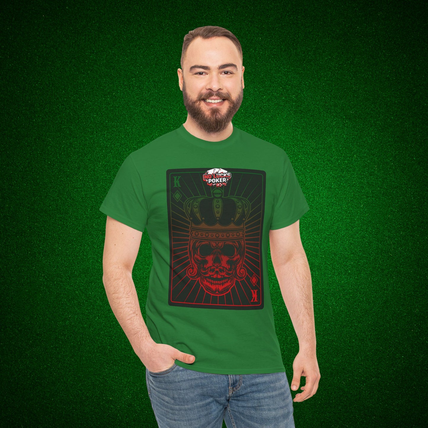 No Lucks Given Royal Skull King of Diamonds Red and Green Poker T-Shirt Must have Good Luck All-in