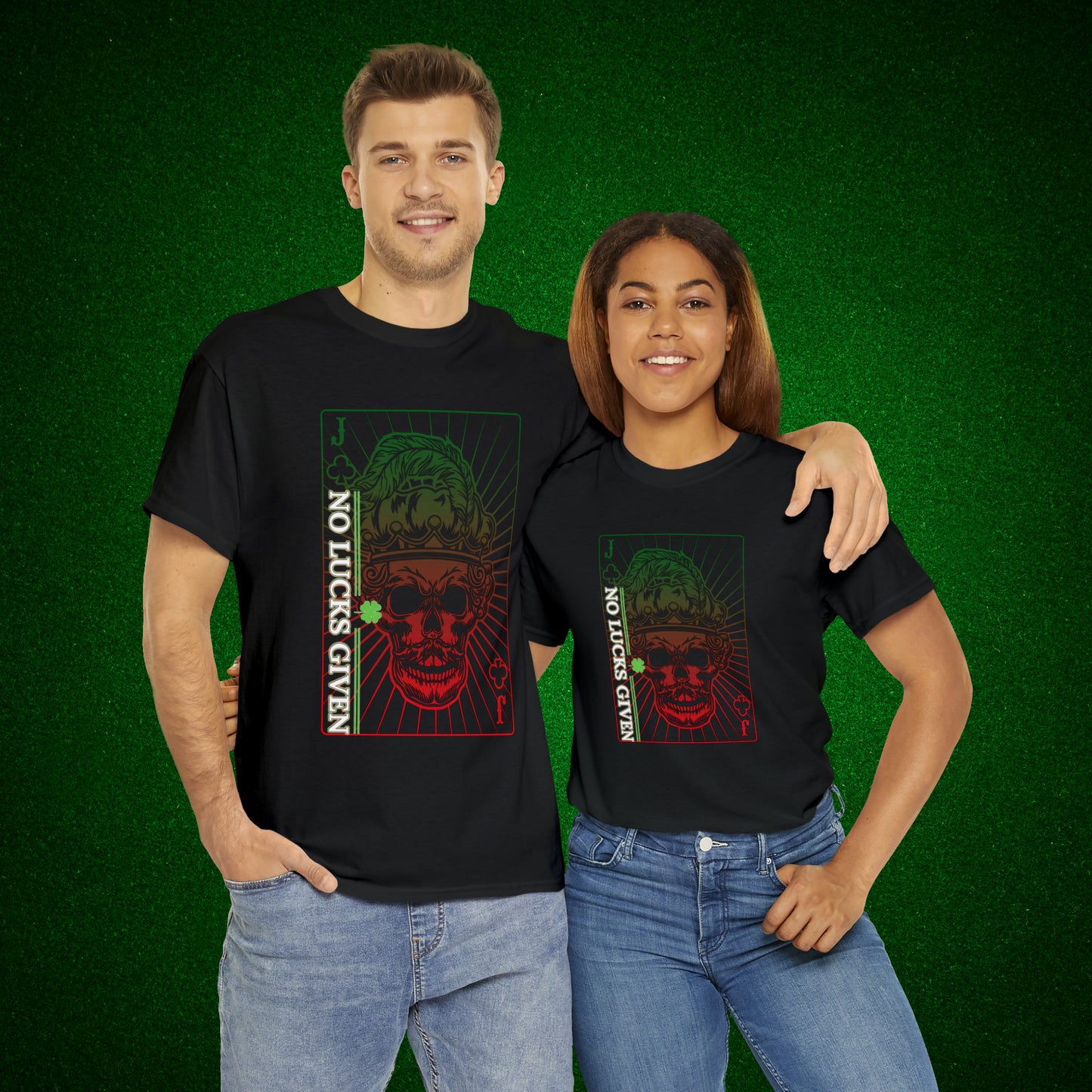 No Lucks Given Jack Skull in Crown of Clubs Green Red Poker T-Shirt Must have Good Luck All-in