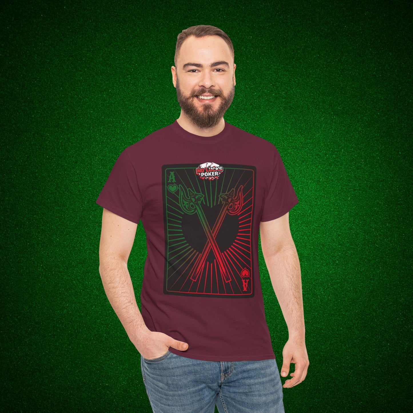No Lucks Given Ace of Hearts card with two big axes Green Red Poker T-Shirt Must have Good Luck All-in