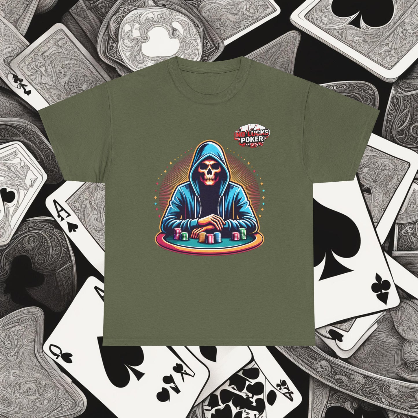Poker Player with Skull at Poker Table 0 Lucks Given Unisex heavy cotton tee Poker Apparel