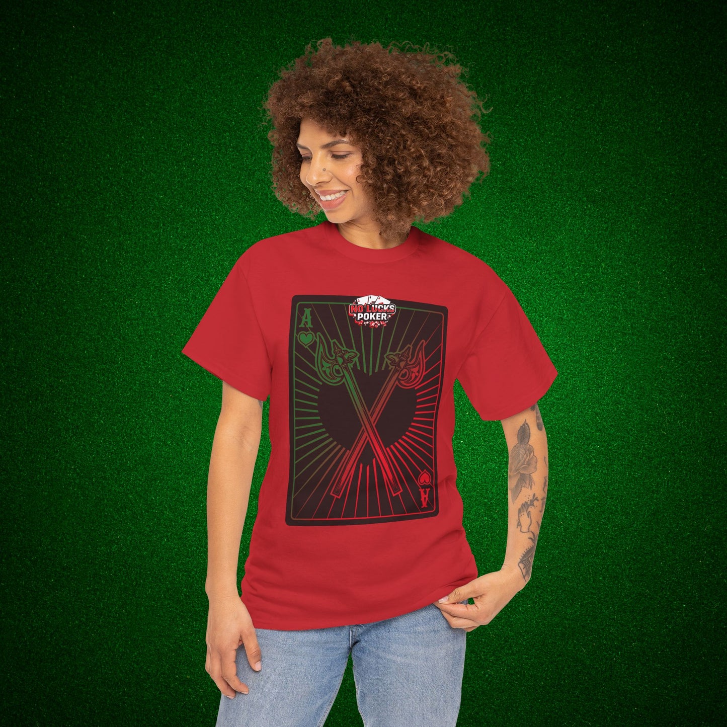 No Lucks Given Ace of Hearts card with two big axes Green Red Poker T-Shirt Must have Good Luck All-in