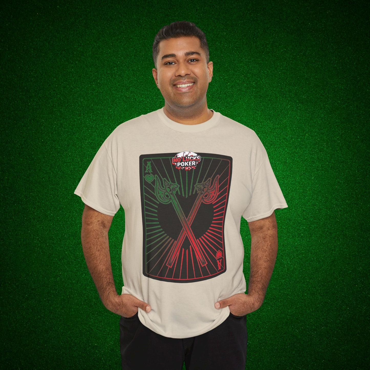 No Lucks Given Ace of Hearts card with two big axes Green Red Poker T-Shirt Must have Good Luck All-in