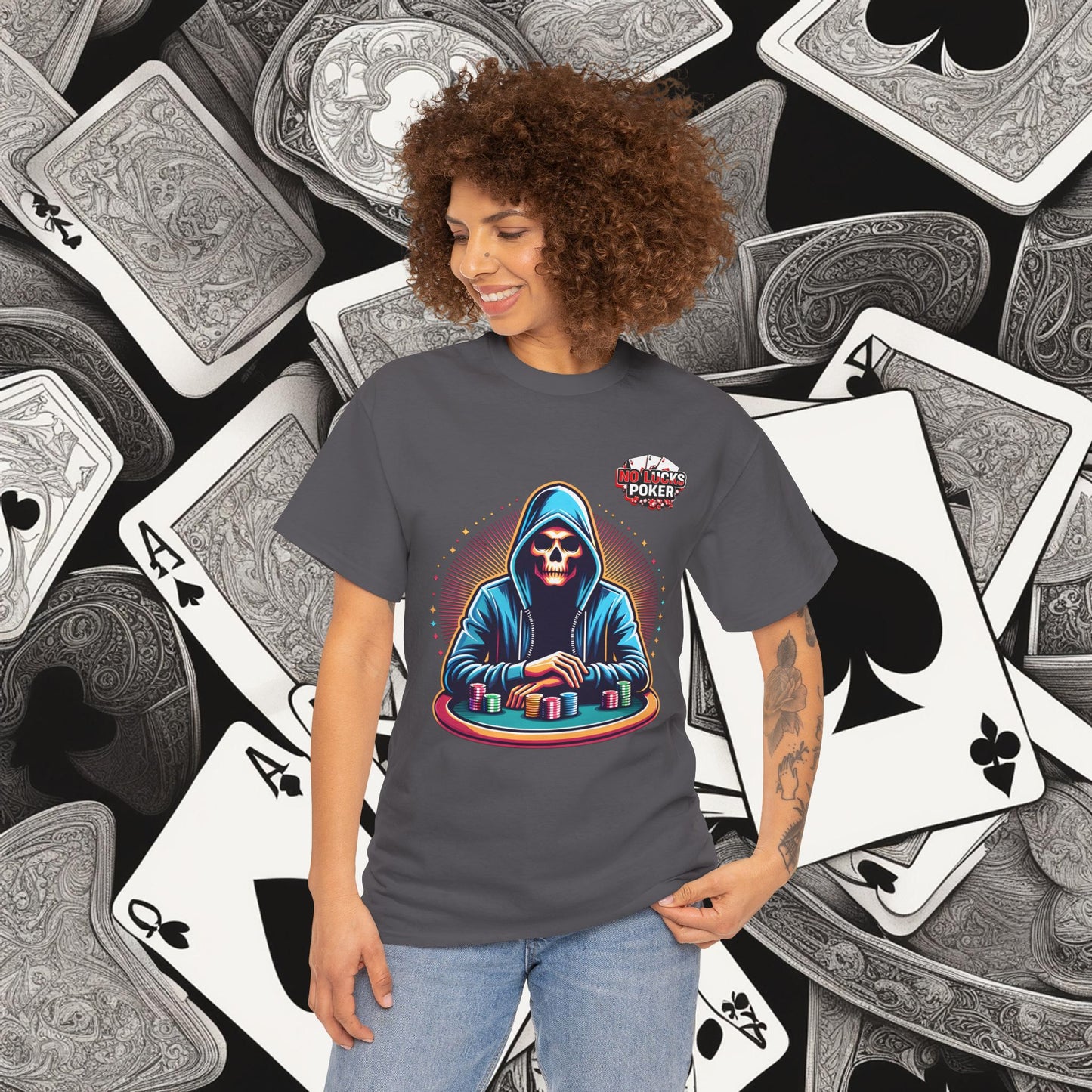 Poker Player with Skull at Poker Table 0 Lucks Given Unisex heavy cotton tee Poker Apparel