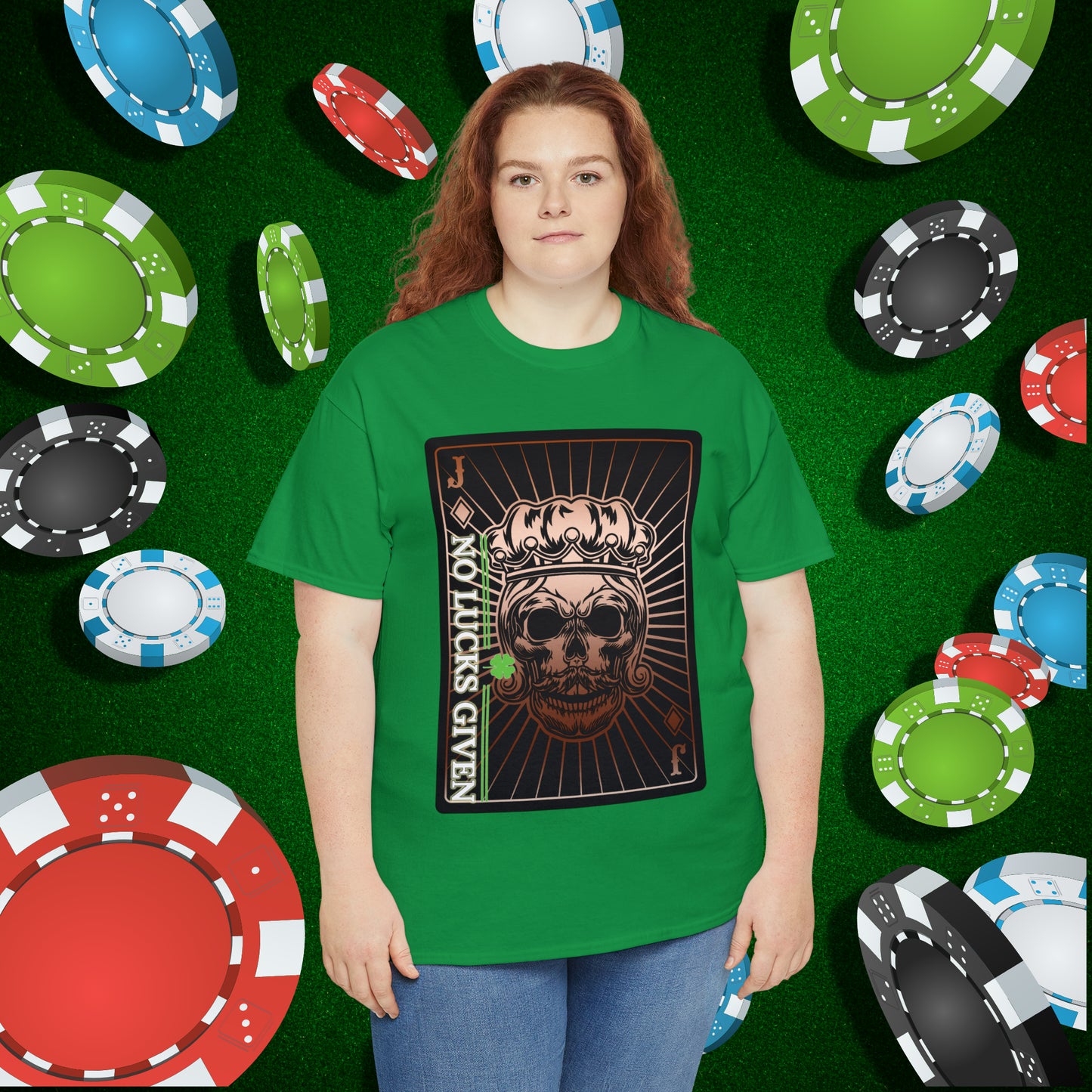 No Lucks Given Jack Skull in Crown of Diamonds Copper Poker T-Shirt Must have Good Luck All-in