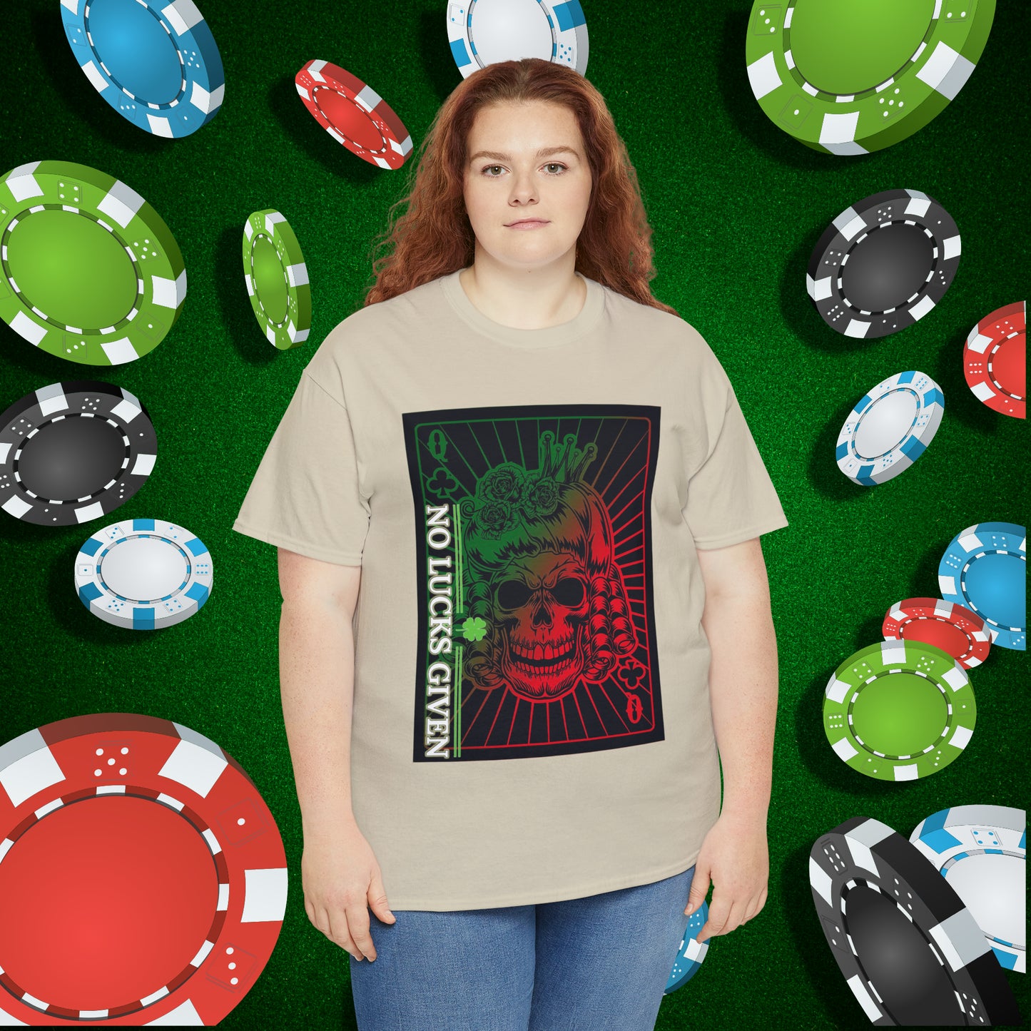 No Lucks Given Angry Queen of Clubs Green Red Poker T-Shirt Must have Good Luck All-in