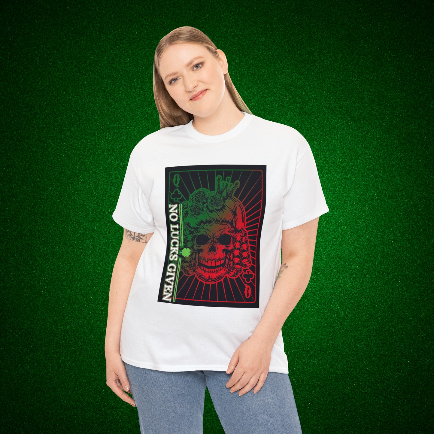 No Lucks Given Angry Queen of Clubs Green Red Poker T-Shirt Must have Good Luck All-in
