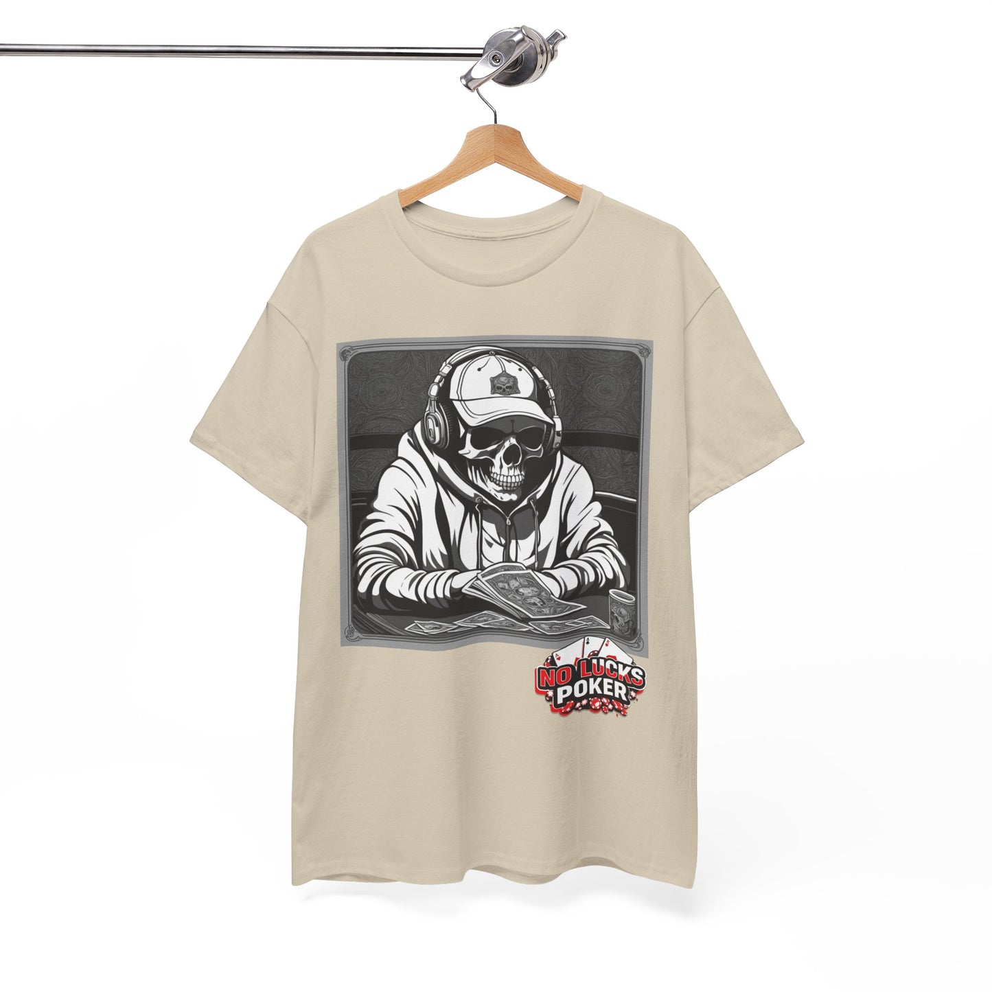Poker Skull in hoodie and headphones unisex heavy cotton T-shirt No Lucks Given