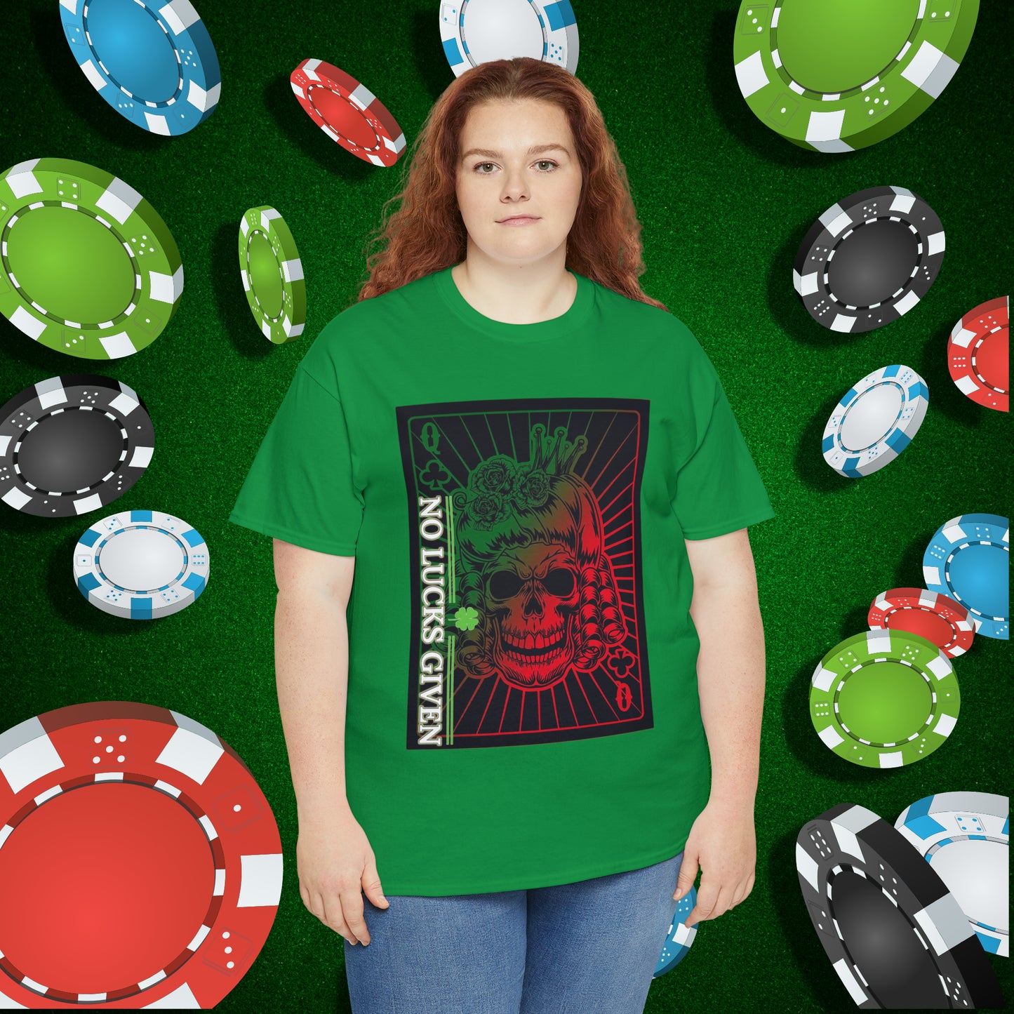 No Lucks Given Angry Queen of Clubs Green Red Poker T-Shirt Must have Good Luck All-in