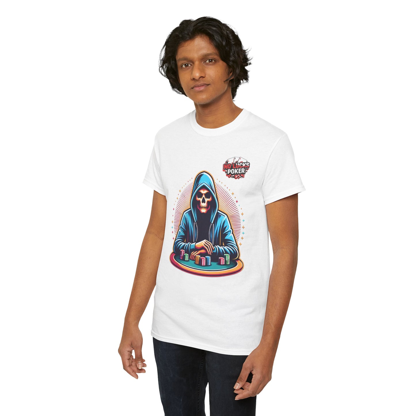 Poker Player with Skull at Poker Table 0 Lucks Given Unisex heavy cotton tee Poker Apparel