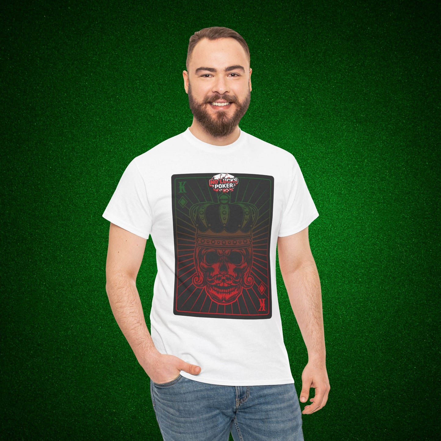 No Lucks Given Royal Skull King of Diamonds Red and Green Poker T-Shirt Must have Good Luck All-in