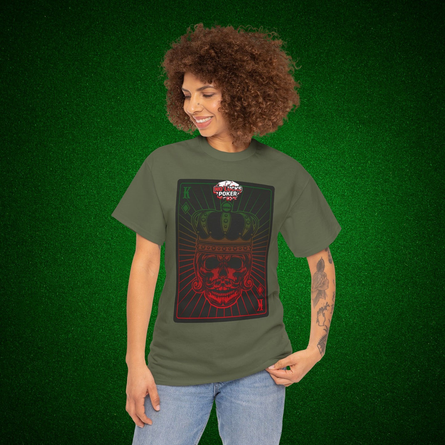 No Lucks Given Royal Skull King of Diamonds Red and Green Poker T-Shirt Must have Good Luck All-in
