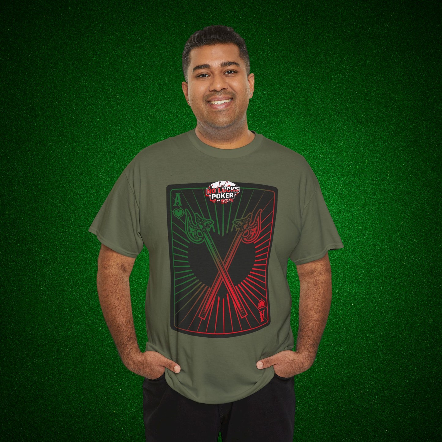 No Lucks Given Ace of Hearts card with two big axes Green Red Poker T-Shirt Must have Good Luck All-in