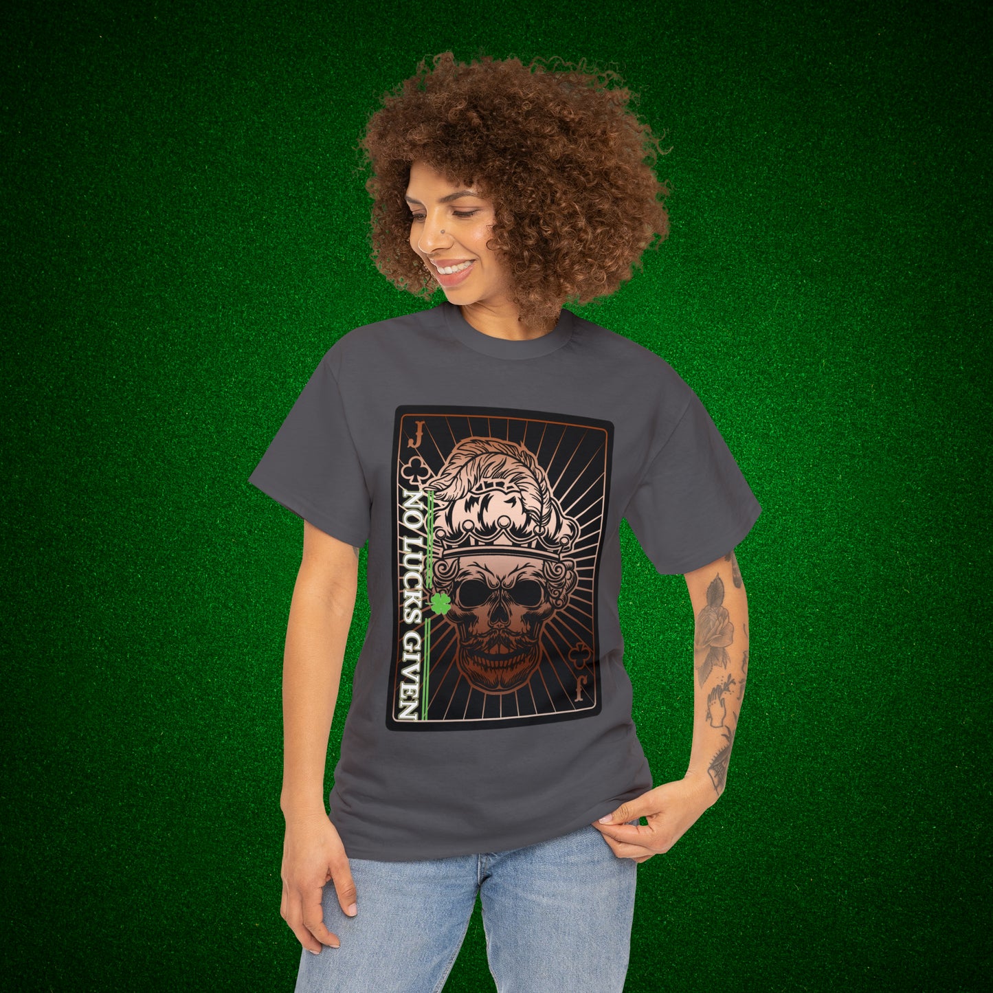 No Lucks Given Jack Skull in Crown of Clubs Copper Poker T-Shirt Must have Good Luck All-in