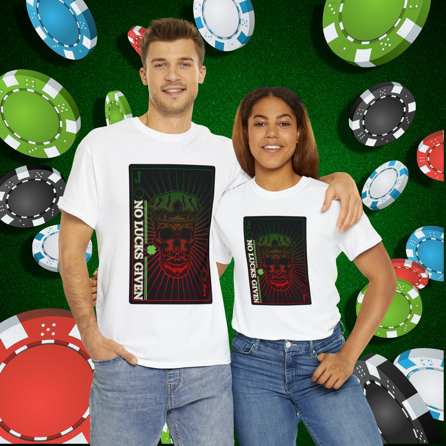 No Lucks Given Jack Skull in Crown of Spades Green Red Poker T-Shirt Must have Good Luck All-in