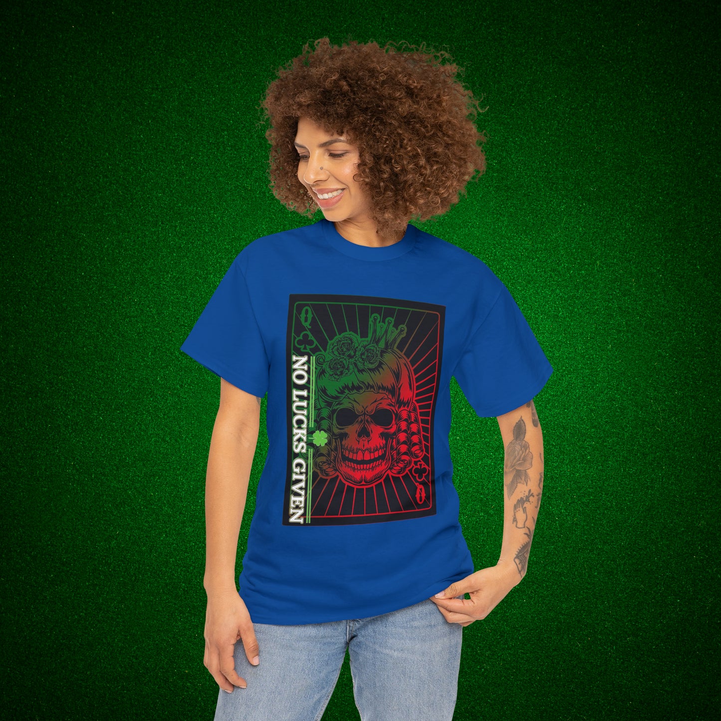 No Lucks Given Angry Queen of Clubs Green Red Poker T-Shirt Must have Good Luck All-in
