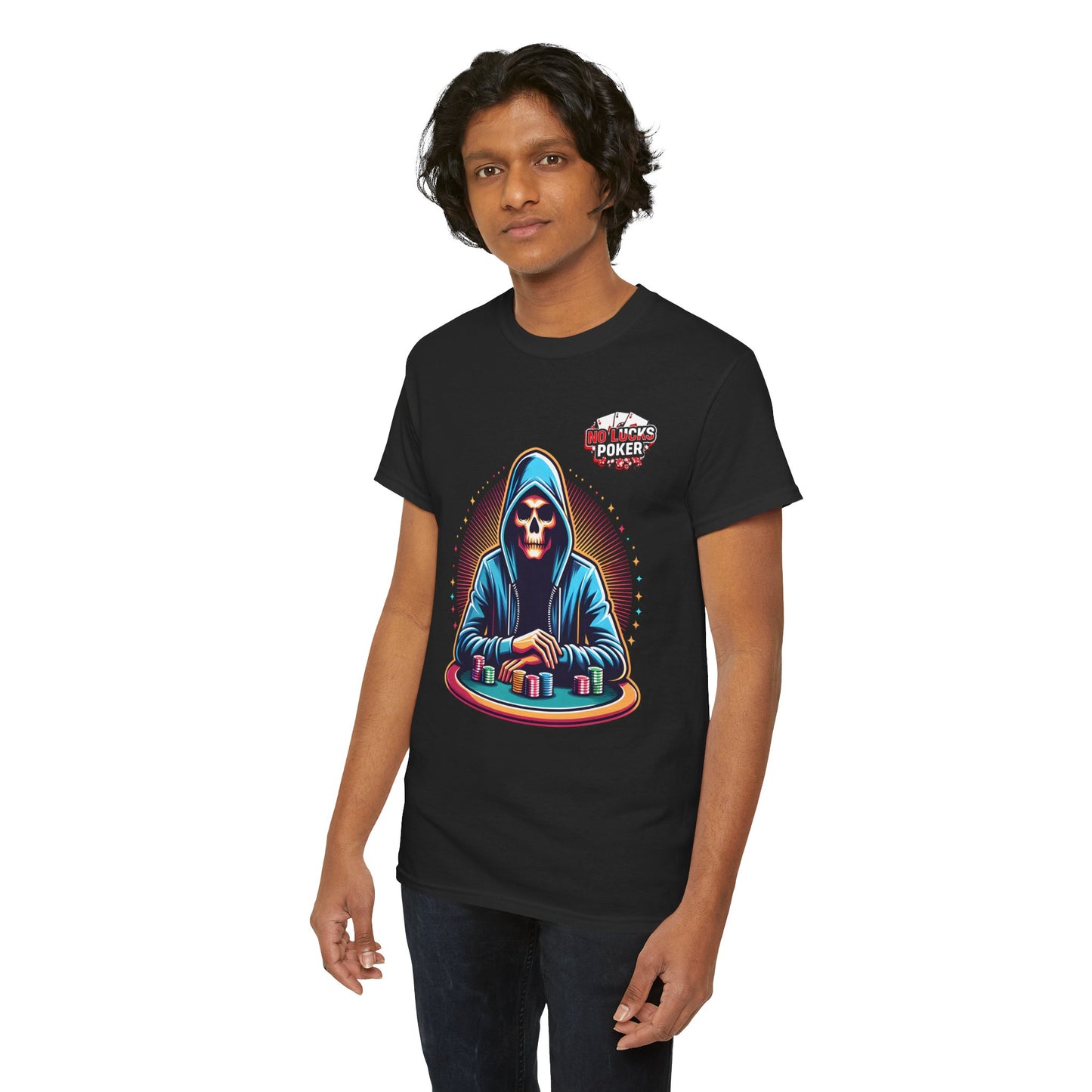 Poker Player with Skull at Poker Table 0 Lucks Given Unisex heavy cotton tee Poker Apparel