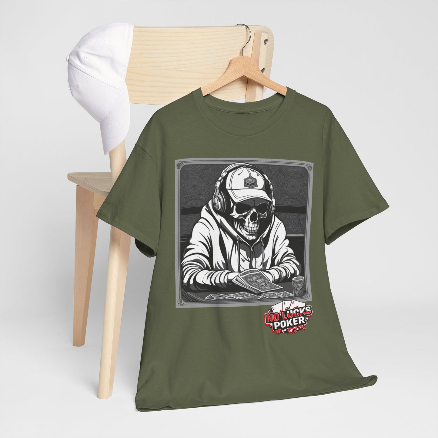 Poker Skull in hoodie and headphones unisex heavy cotton T-shirt No Lucks Given