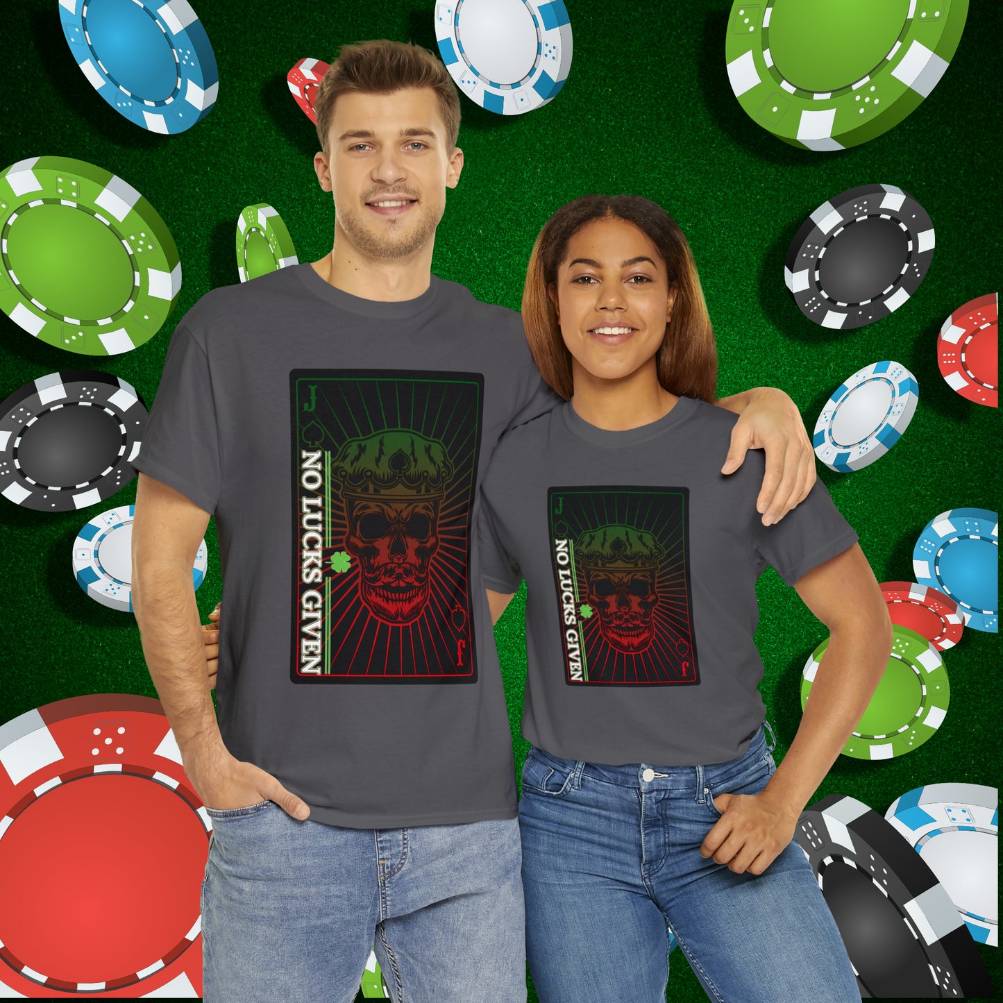 No Lucks Given Jack Skull in Crown of Spades Green Red Poker T-Shirt Must have Good Luck All-in