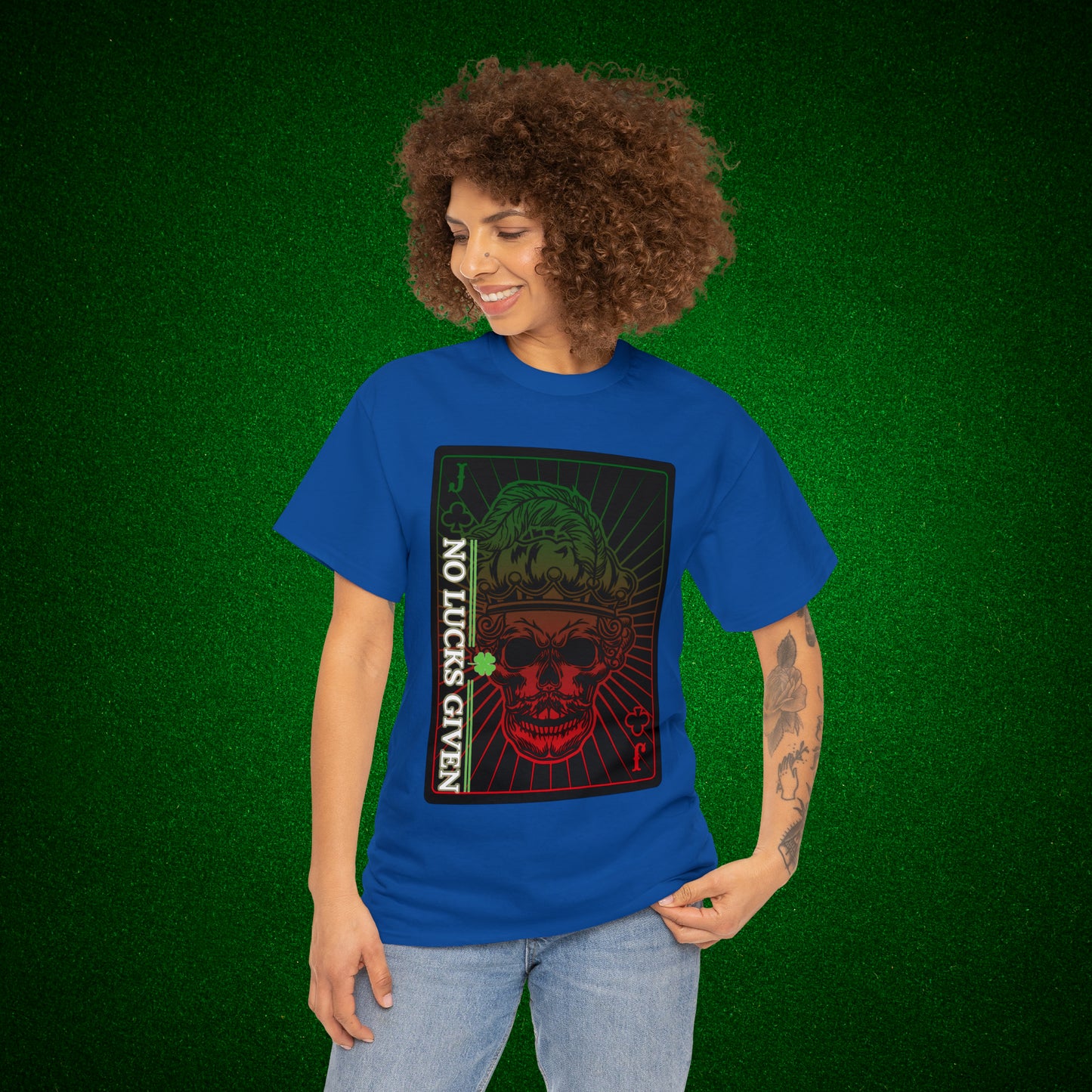 No Lucks Given Jack Skull in Crown of Clubs Green Red Poker T-Shirt Must have Good Luck All-in