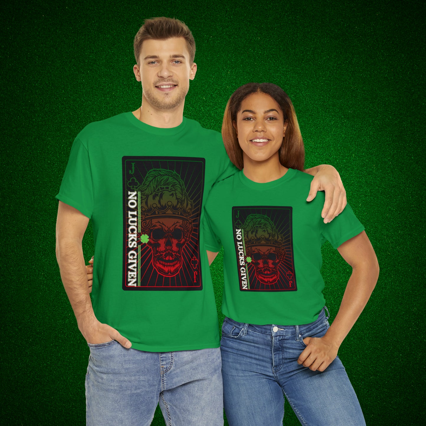 No Lucks Given Jack Skull in Crown of Clubs Green Red Poker T-Shirt Must have Good Luck All-in