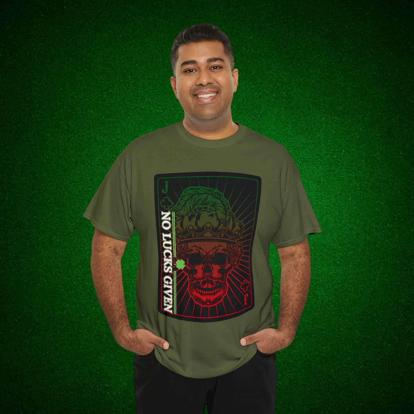 No Lucks Given Jack Skull in Crown of Clubs Green Red Poker T-Shirt Must have Good Luck All-in