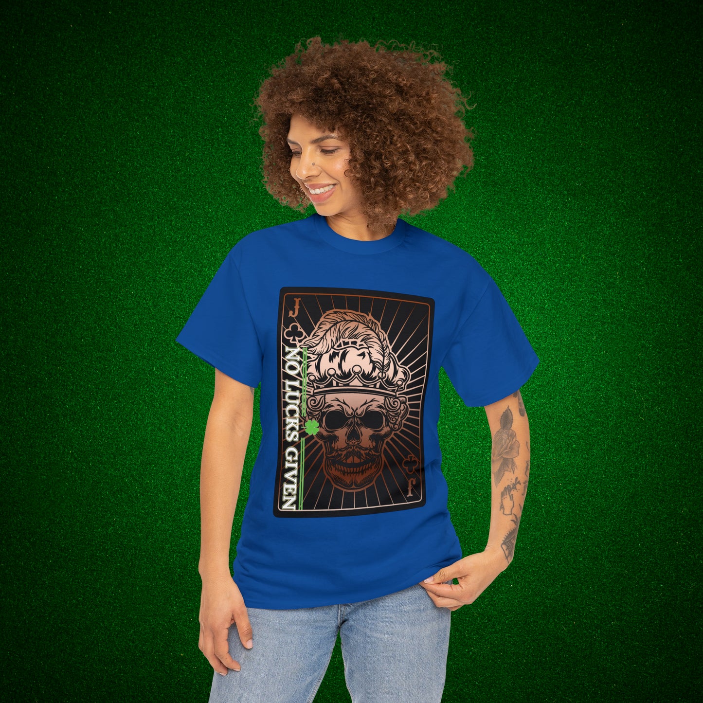 No Lucks Given Jack Skull in Crown of Clubs Copper Poker T-Shirt Must have Good Luck All-in