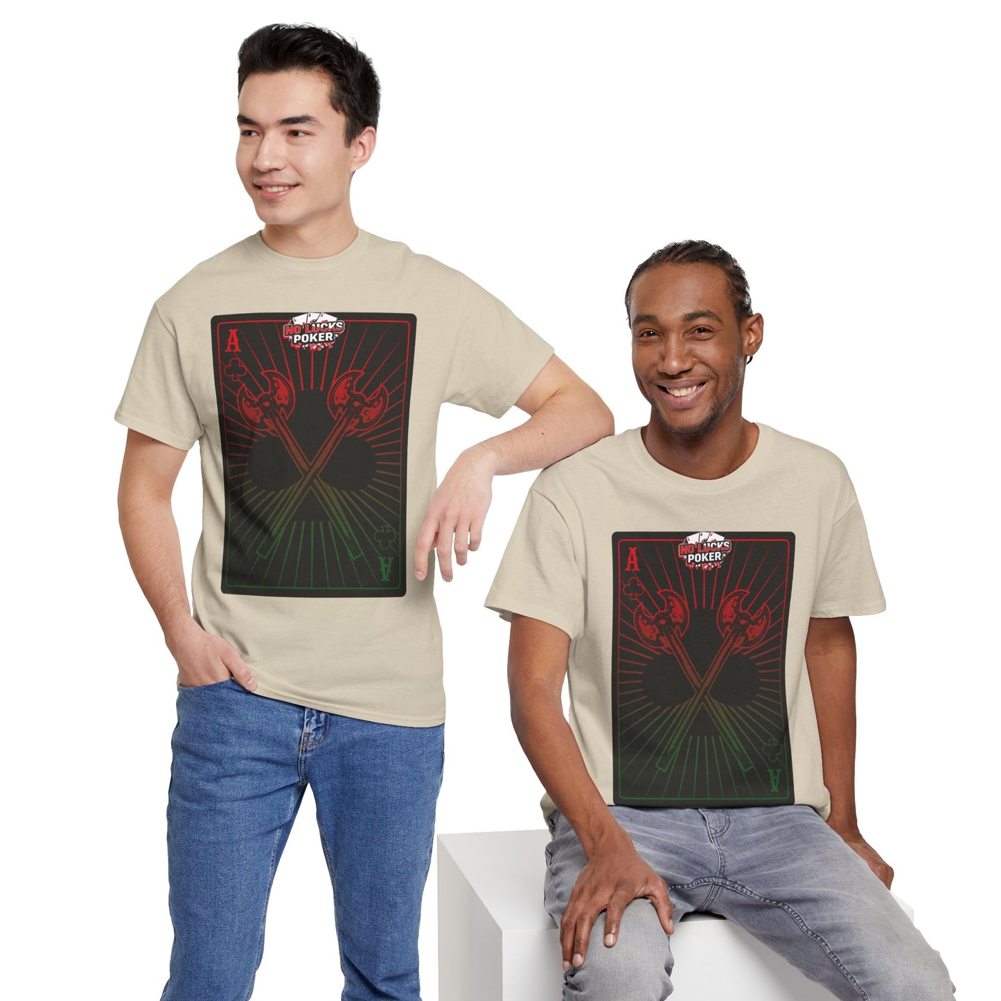 No Lucks Given Ace of Clubs card with two big axes Red Green Poker T-Shirt Must have Good Luck All-in