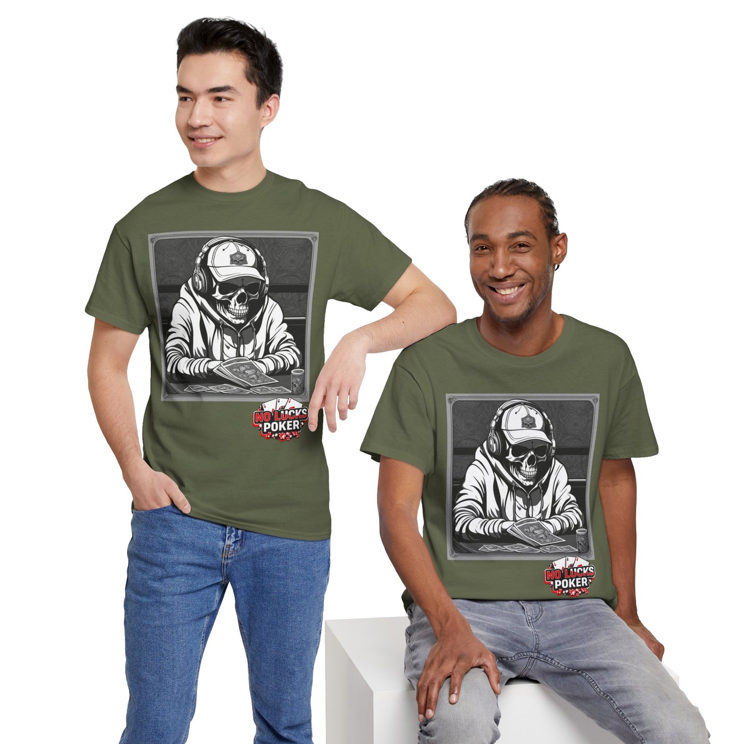 Poker Skull in hoodie and headphones unisex heavy cotton T-shirt No Lucks Given