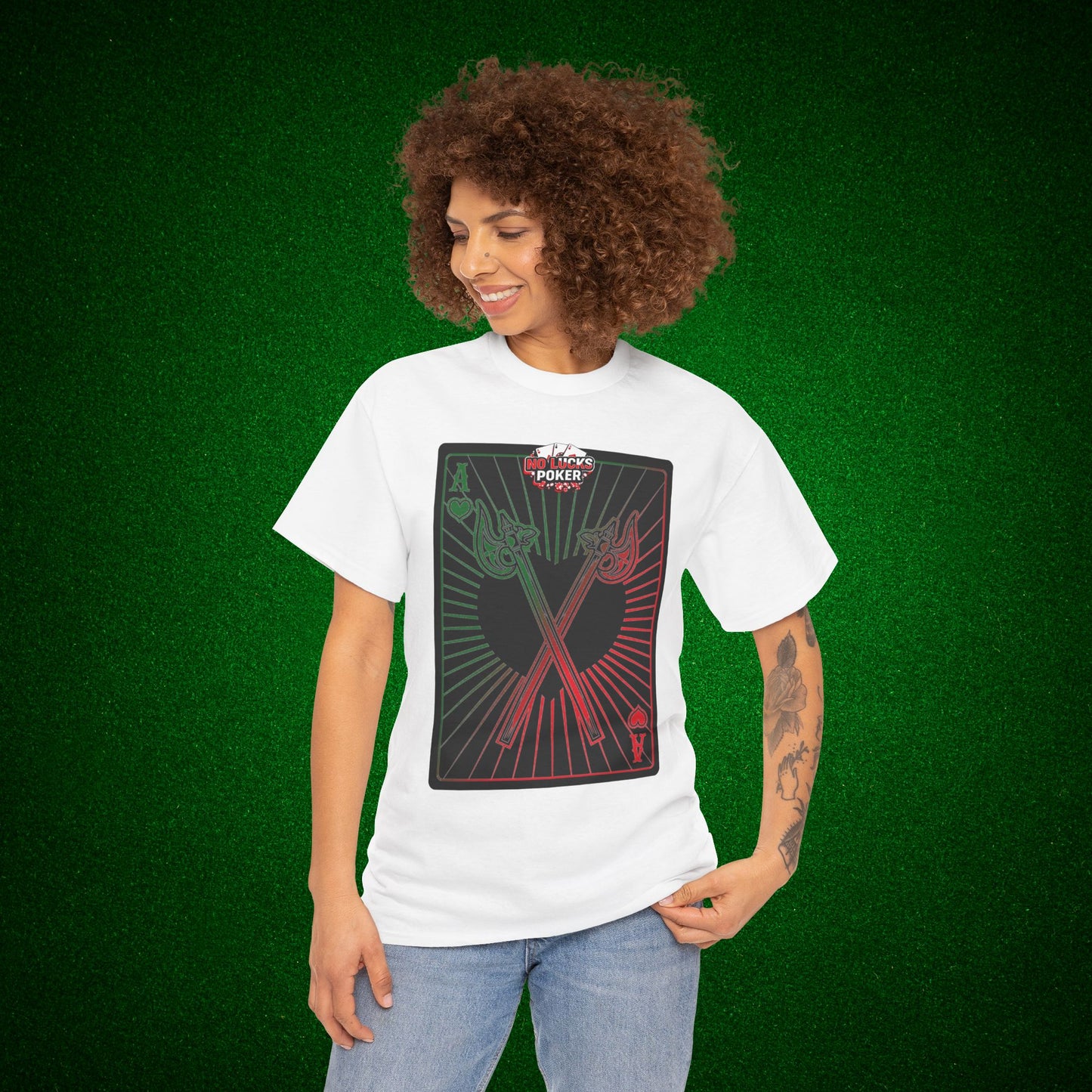 No Lucks Given Ace of Hearts card with two big axes Green Red Poker T-Shirt Must have Good Luck All-in