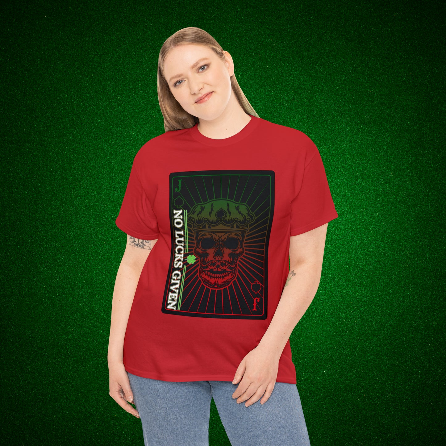 No Lucks Given Jack Skull in Crown of Spades Green Red Poker T-Shirt Must have Good Luck All-in