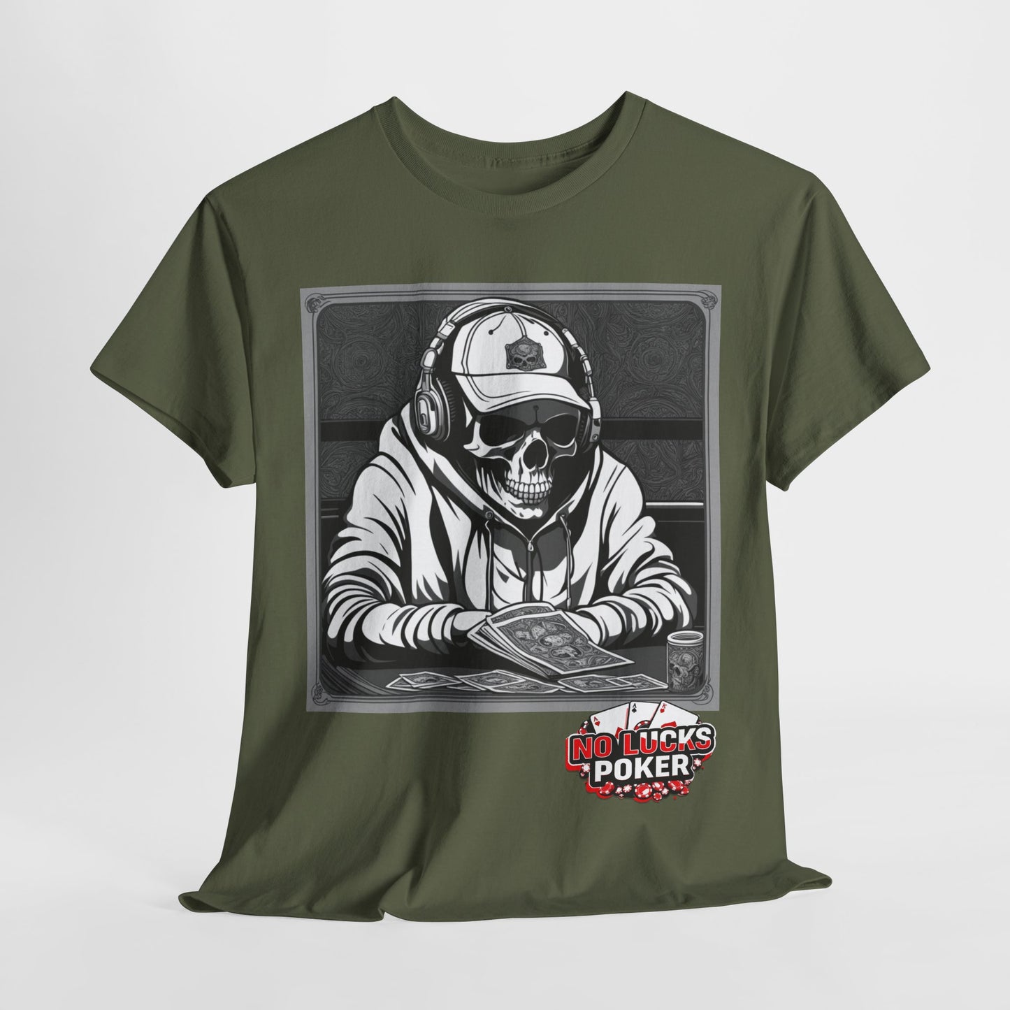 Poker Skull in hoodie and headphones unisex heavy cotton T-shirt No Lucks Given